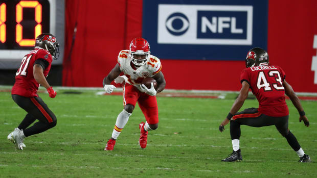 Nov 29, 2020; Tampa, Florida, USA; Kansas City Chiefs wide receiver Sammy Watkins (14) runs the ball against the Tampa Bay Buccaneers during the second half at Raymond James Stadium. Mandatory Credit: Kim Klement-USA TODAY Sports